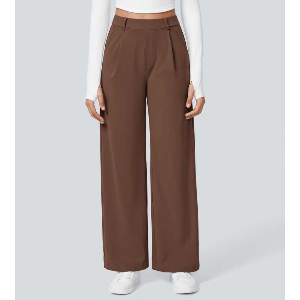 Halara Flex DayStretch High Waisted Straight Leg Work Pants Brown S Petite NWT